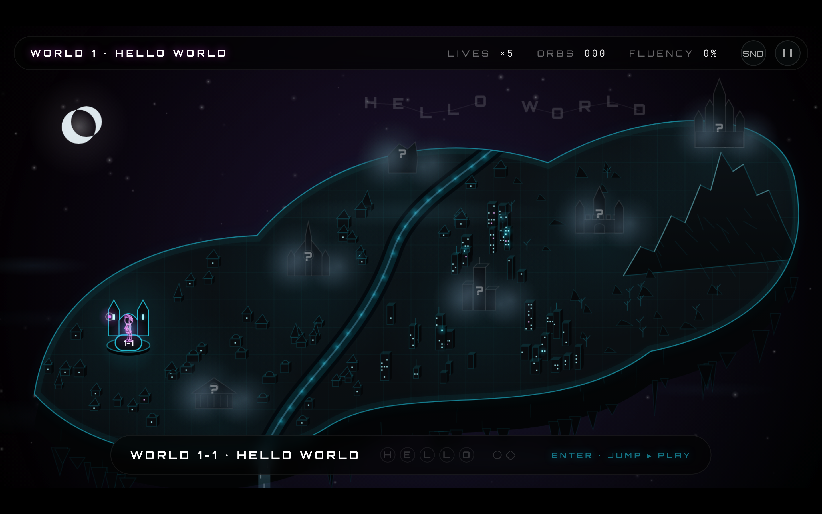 Mapa do Mundo 1 do Nexy English World: uma ilha flutuante em neon com fases marcadas e as letras de HELLO WORLD no céu.