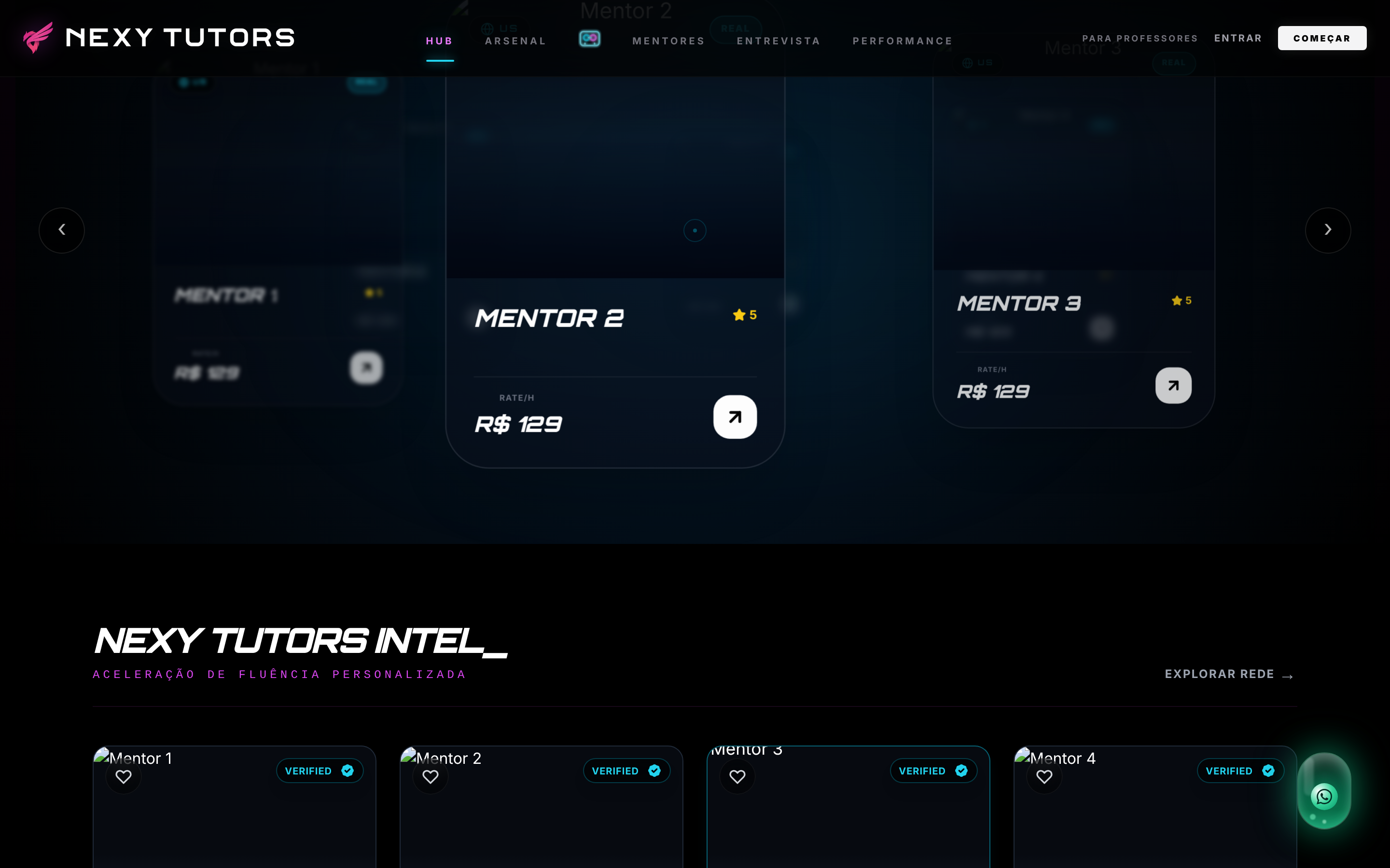 Página inicial da Nexy Tutors com a órbita de mentores, todos fictícios (Mentor 1, Mentor 2, Mentor 3).
