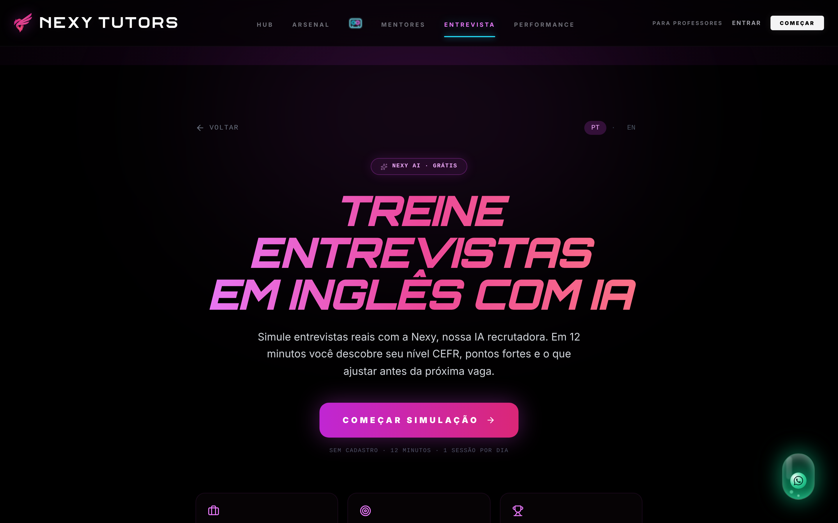 Tela inicial do simulador de entrevista em inglês com IA, com o botão "Começar simulação".
